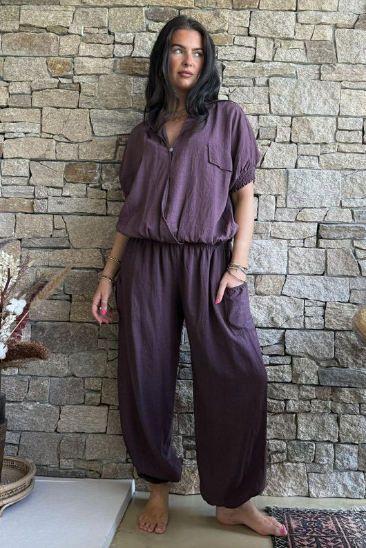 Basso Button Drape Cap Sleeve Shirt Deep Damson